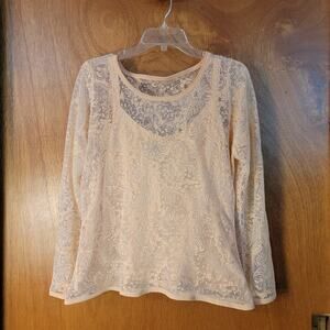 Due Per Due Lace Blouse - Long Sleeved, Camisole Lined - Peach - Sz: L